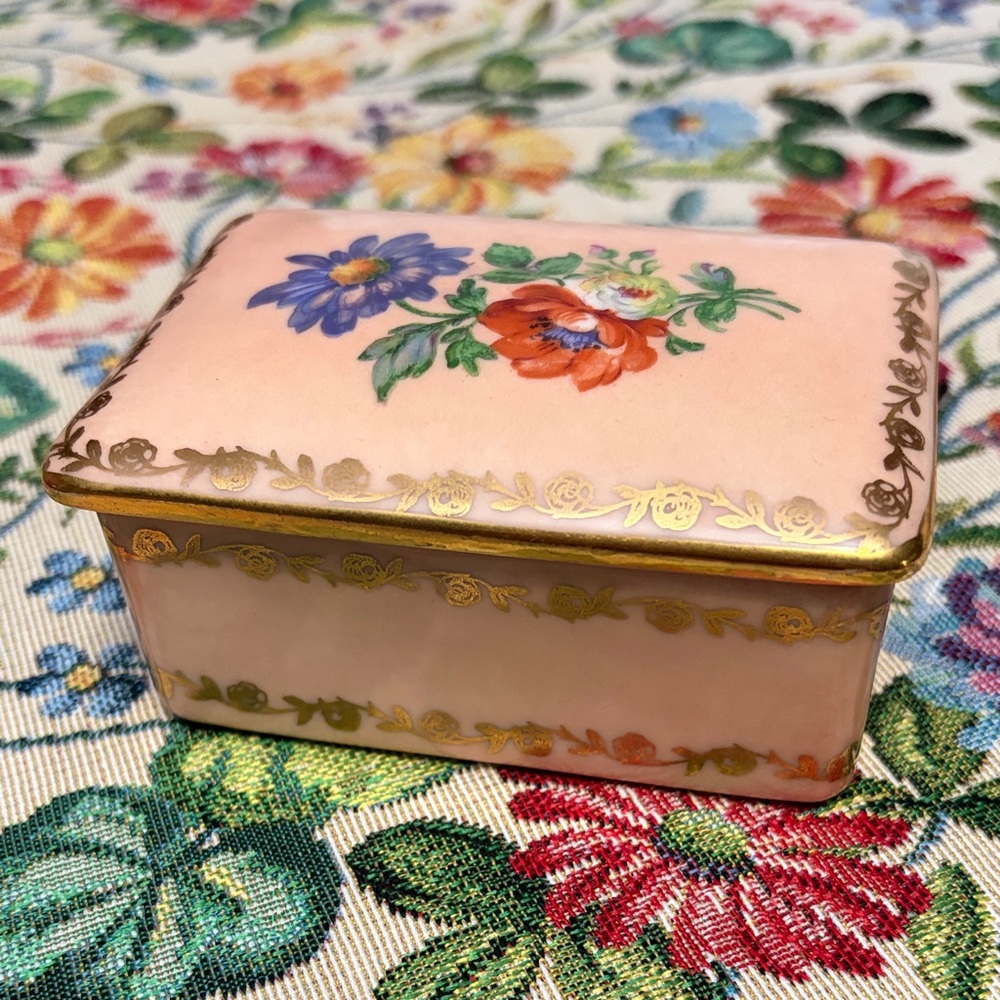 Limoges Pink Floral Porcelain Trinket Box with Gold Trim